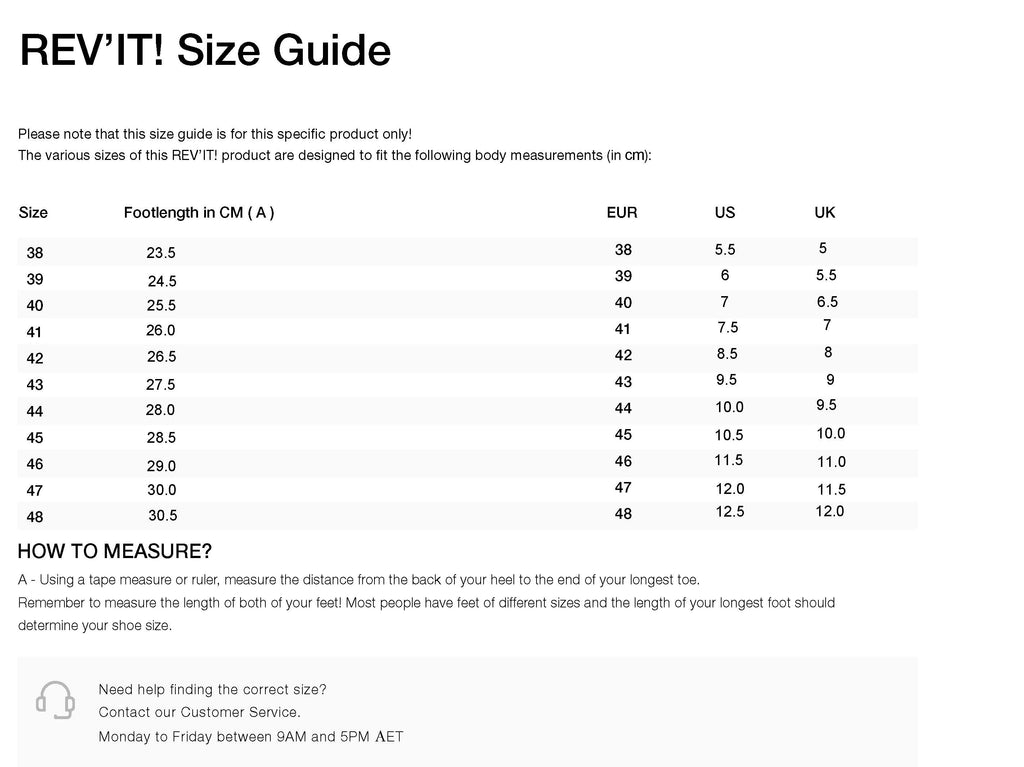 REV'IT! Everest GTX Boots Size Guide
