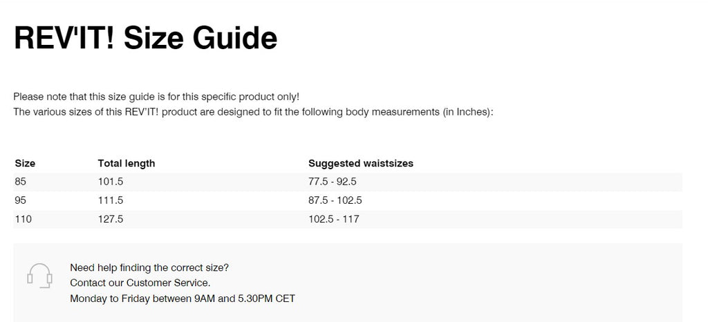 REV'IT! Heron Belt Size Guide