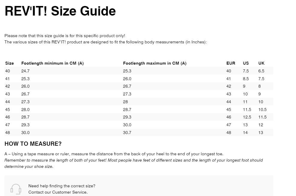 REV'IT! Flux H2O Boots  **Clearance** Size Guide