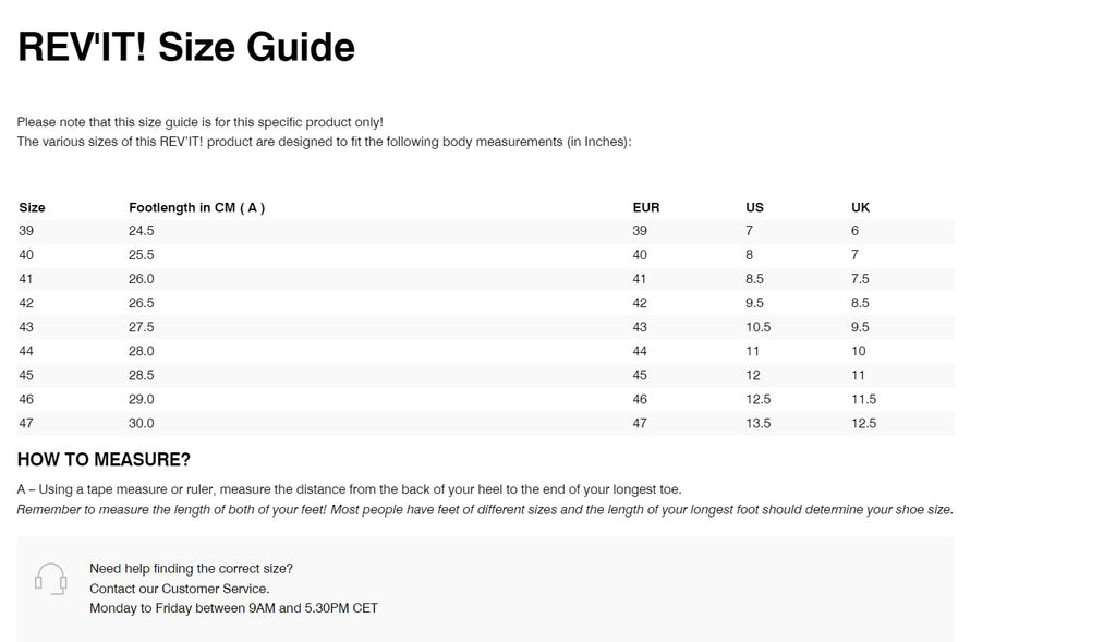 REV'IT! Ginza 3 Shoes  **Clearance** Size Guide