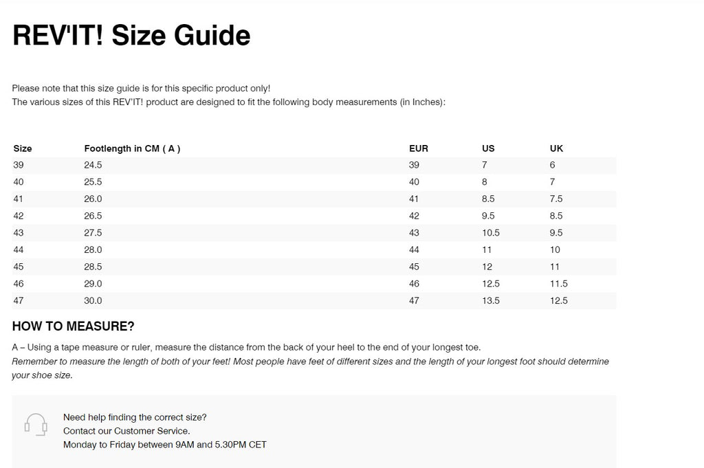 REV'IT! Kick Shoes Size Guide