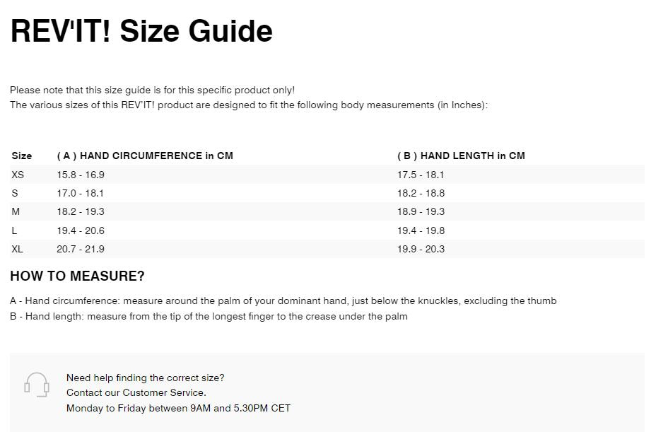 REVIT Chevak GTX Ladies Glove Size Guide