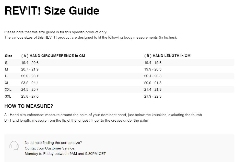 REV'IT! Caliber Glove  **Clearance** Size Guide