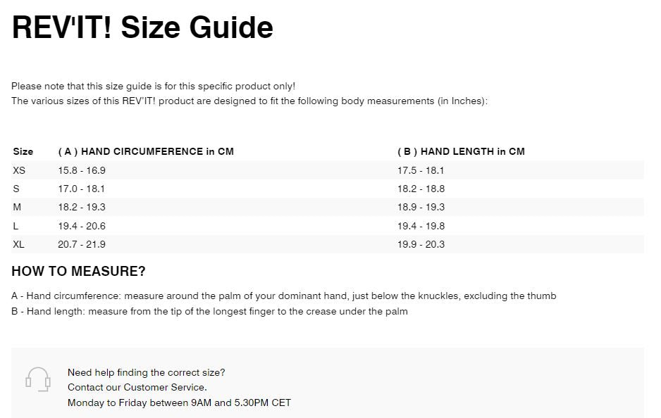 REV'IT! Avion 3 Ladies Gloves Size Guide