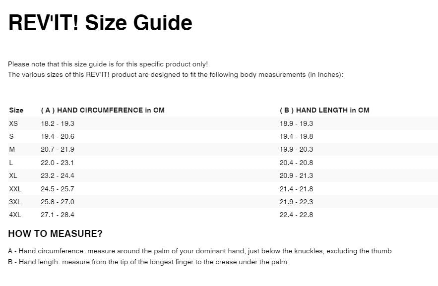 REV'IT! Hydra 2 H2O Glove Size Guide