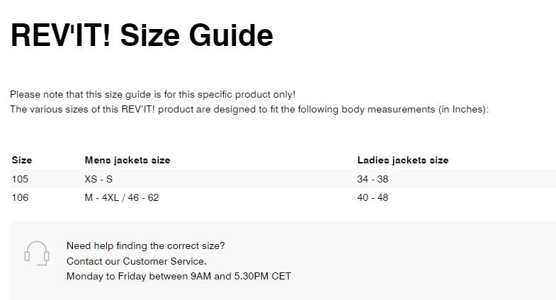 REV'IT! SeeSoft Back Protector Type KN  **Clearance** Size Guide