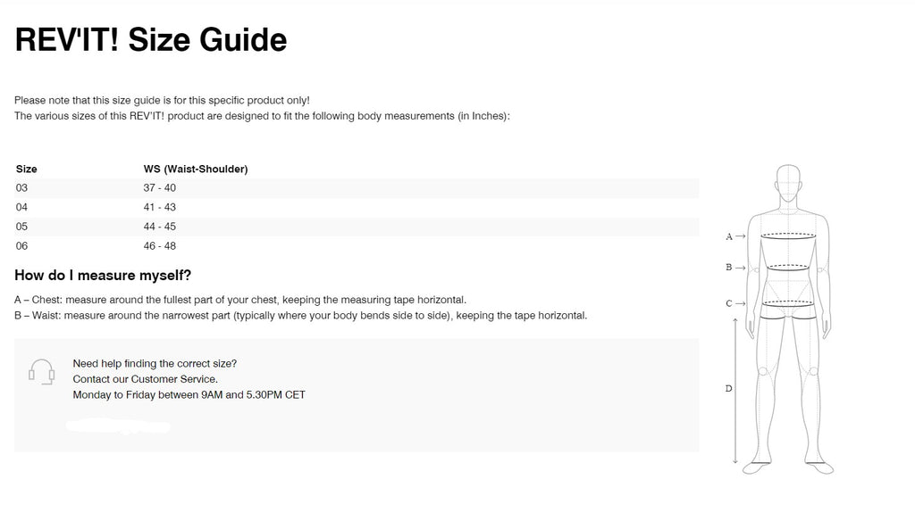 REV'IT! SEE+ Back Protector Size Guide
