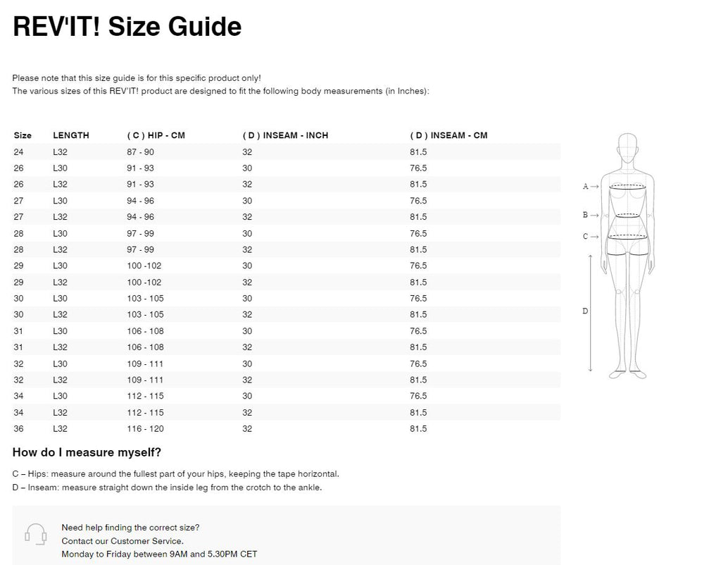 REV'IT! Maple 2 Ladies SK Jeans  **Clearance** Size Guide