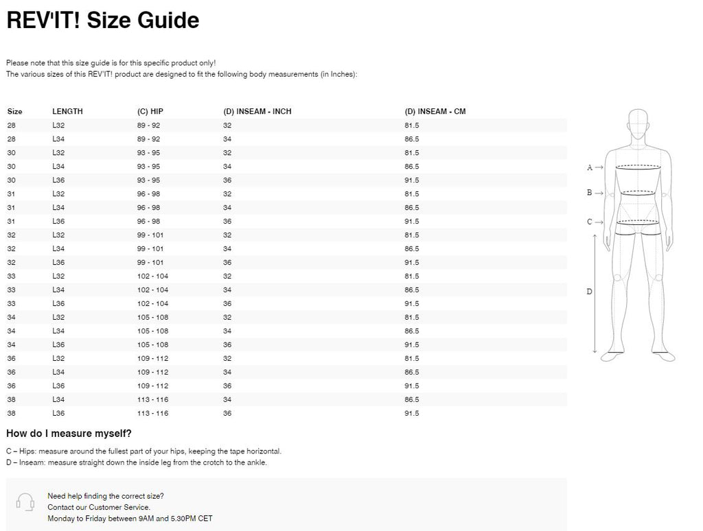 REV'IT! Jackson 2 SK Jeans  **Clearance** Size Guide