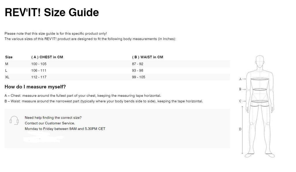 REV'IT! Trackmaster H20 Rain Jacket Size Guide