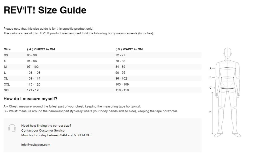REV'IT! Nitric 2 H20 Rain Jacket  **Clearance** Size Guide