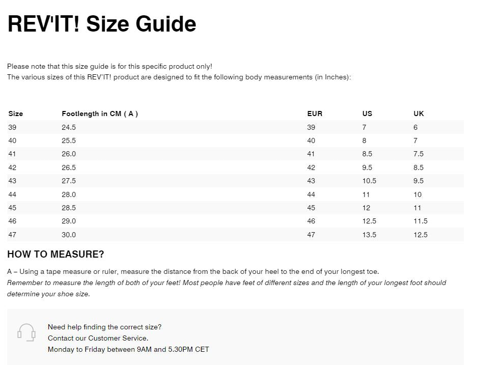 REV'IT! Delta H20 Size Guide