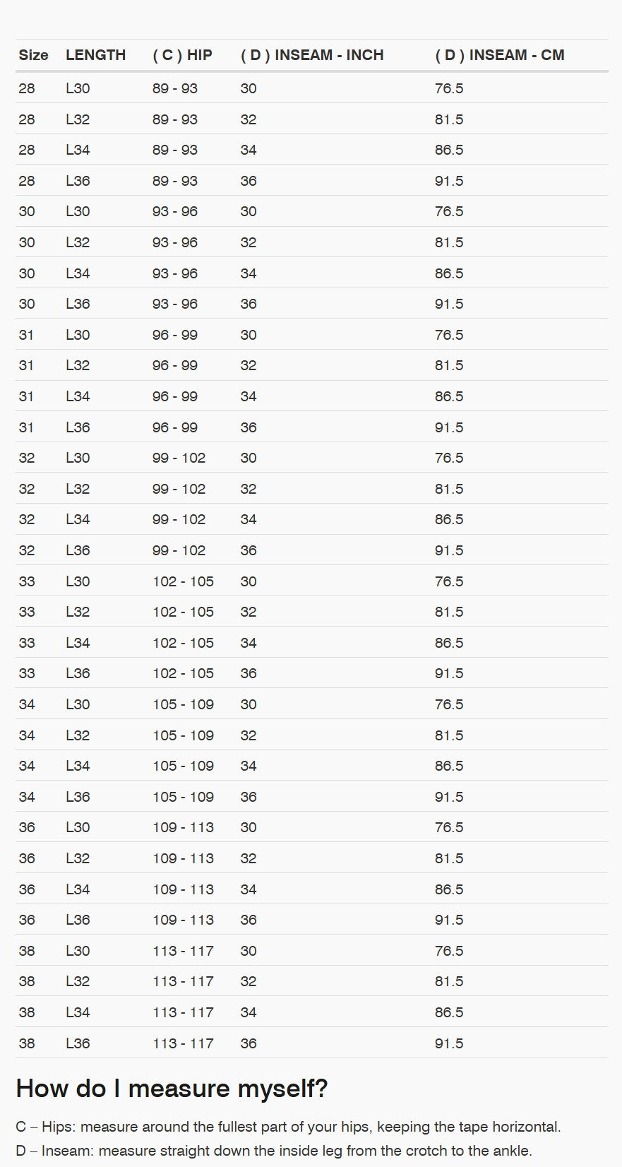 REV'IT! Piston 3 Skinny Jeans Size Guide