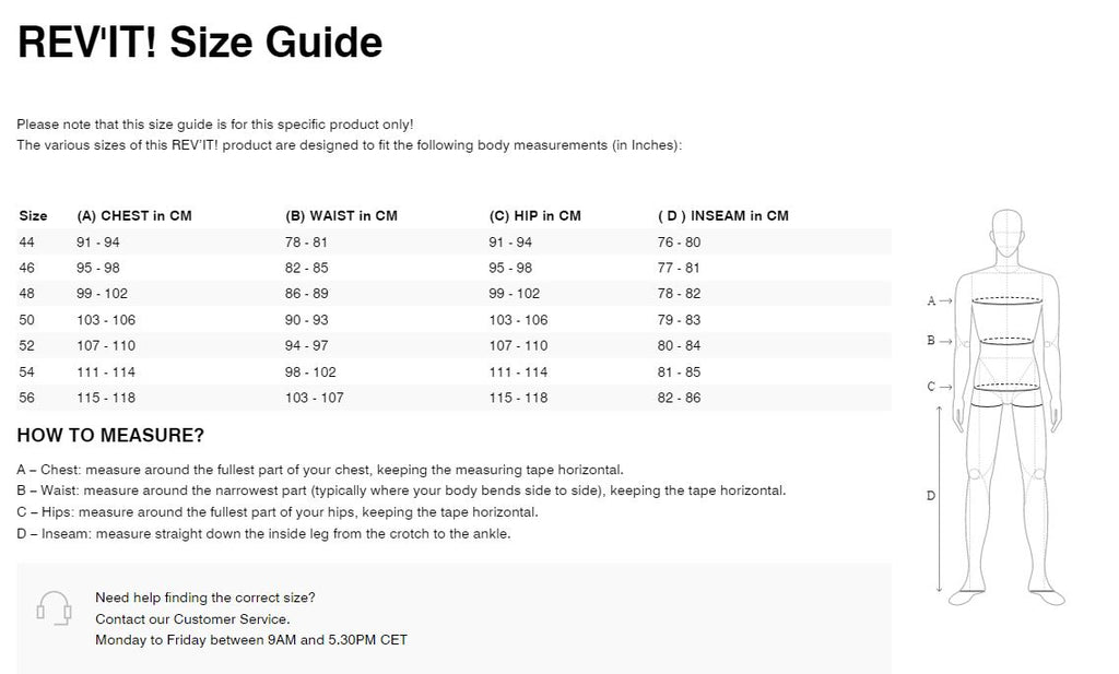 REV'IT! Quantum 2 One Piece Racesuit  **Clearance** Size Guide