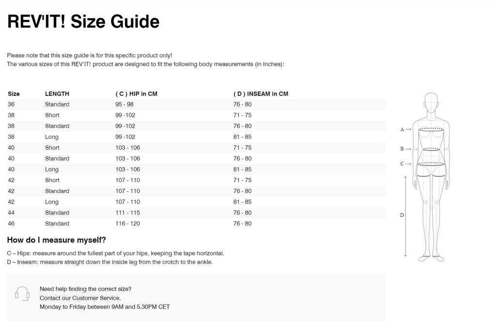 REV'IT! Horizon 3 H2O Ladies Pants Size Guide